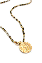 Load image into Gallery viewer, Faceted Phrenite and 24K Gold Plate Necklace with Reversible French Gold Religious Charm -French Medals Collection- N6-005
