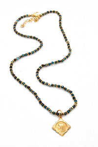 Faceted Apatite and 24K Gold Plate Necklace with French Gold Religious Medal -French Medals Collection- N6-007