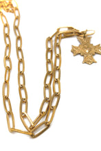 Load image into Gallery viewer, Detailed Cross and Heart French Religious Charm on Gold Short Chain Necklace -French Medals Collection- N6-016
