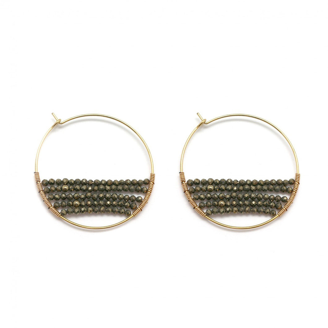 Pyrite Stone Half Beaded Hoop Earrings -French Flair Collection-  E4-045