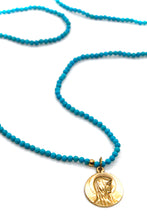 Load image into Gallery viewer, Long Faceted Turquoise Necklace or Wrap Bracelet with Gold French Religious Medal -French Medals Collection- N6-011
