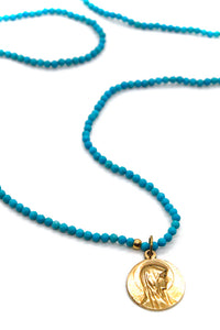 Long Faceted Turquoise Necklace or Wrap Bracelet with Gold French Religious Medal -French Medals Collection- N6-011