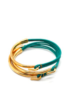 Load image into Gallery viewer, Teal Leather + 24K Gold Plate Bangle Bracelet
