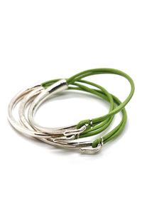 Light Green Leather + Sterling Silver Plate Bangle Bracelet