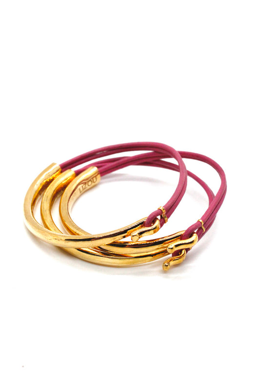 Bubble Gum Leather + 24K Gold Plate Bangle Bracelet