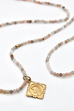 Load image into Gallery viewer, Faceted Semi Precious Stone Long Necklace or Wrap Bracelet with Gold French medal Religious Charm -French Medals Collection- N6-003
