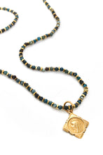 Load image into Gallery viewer, Faceted Apatite and 24K Gold Plate Necklace with French Gold Religious Medal -French Medals Collection- N6-007
