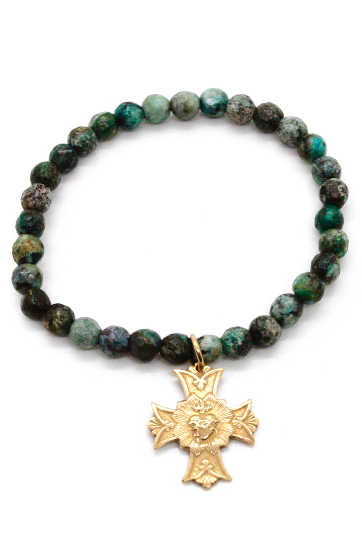 Heart and Cross French Gold Medal Charm on African Turquoise Bracelet -French Medals Collection- B6-026