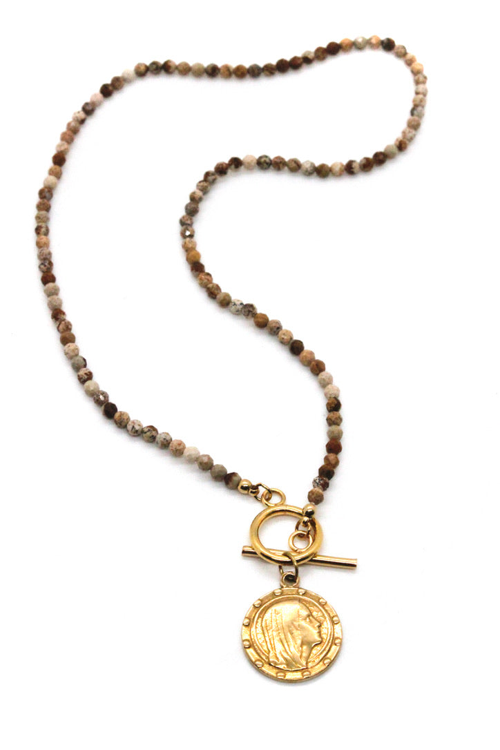 Short Semi Precious Stone Necklace with Reversible French Gold Religious Charm -French Medals Collection- N6-010