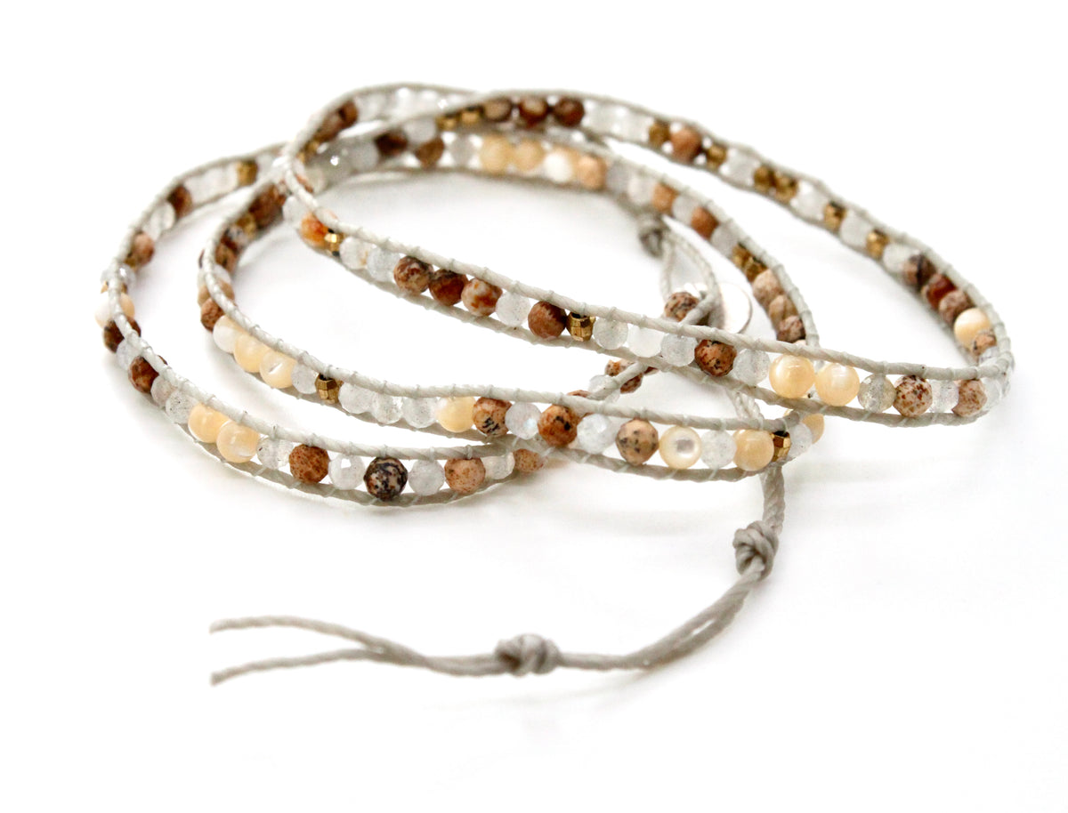 Maycie - Mini Faceted Semi Precious Stone Vegan Wax Leather Wrap Bracelet