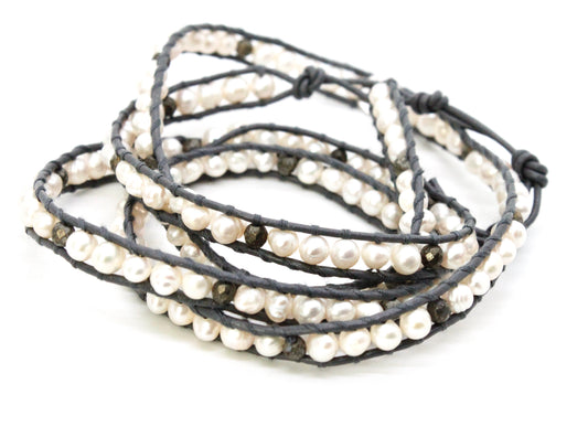 Lacey - Freshwater Pearl and Pyrite Leather Wrap Bracelet