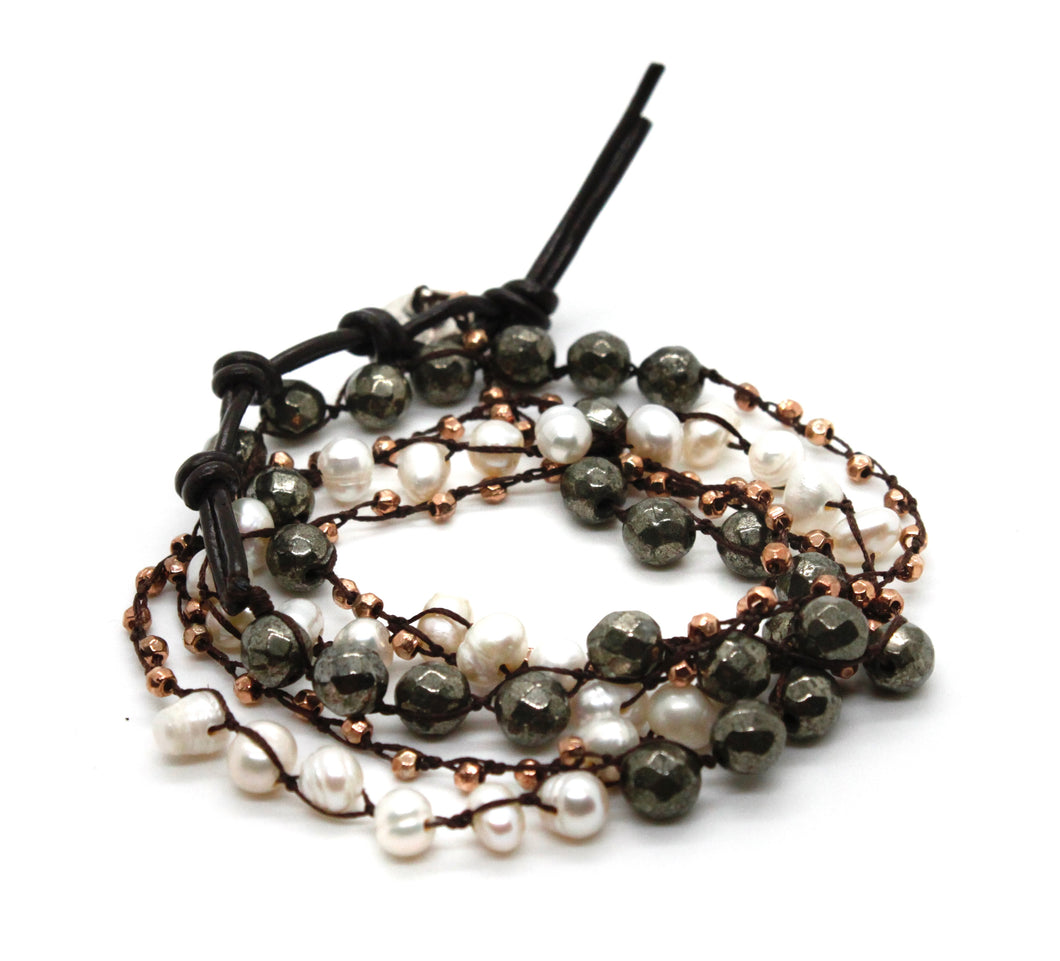 Hand Knotted Convertible Crochet Bracelet or Necklace, Pearls and Pyrite Mix - WR5-Graphite