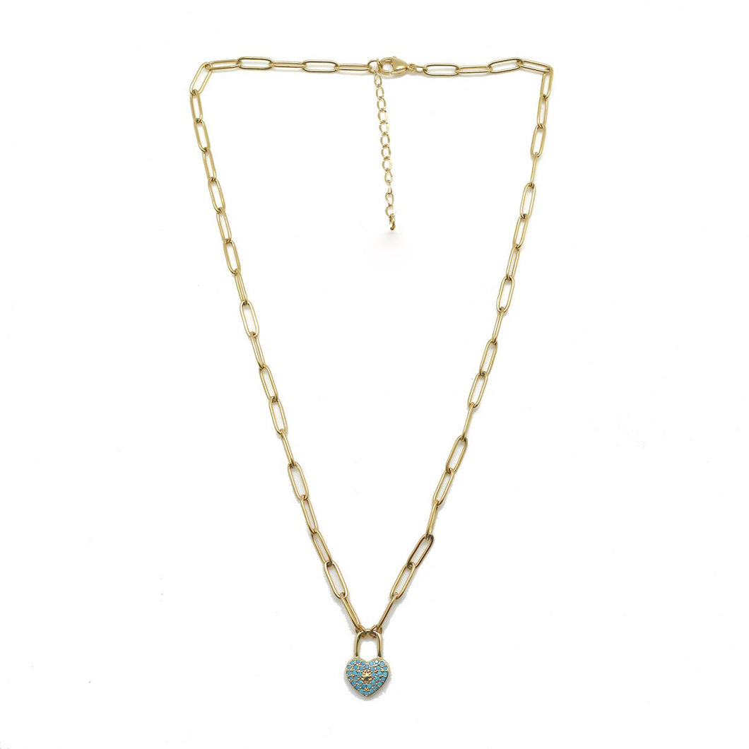 Tiny Teal Crystal in Heart Lock Necklace -French Flair Collection- N2-2037