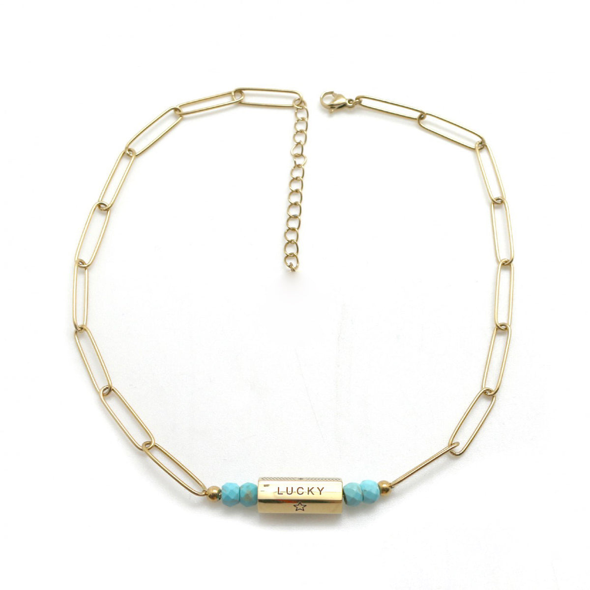Turquoise Bead Lucky Necklace 24K Gold Plate Chain -French Flair Collection- N2-2066