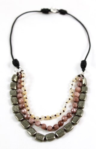 Quartz and Pyrite Hand Knotted Short Necklace on Genuine Leather -Layers Collection- N4-017