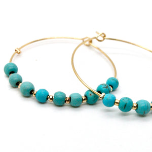 Turquoise Bead Gold Hoop Earrings E7-006G -Stone Collection-