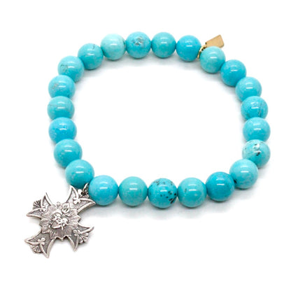 Turquoise Stone Stretch Bracelet with Sterling French Medal Charm -French Medals Collection-