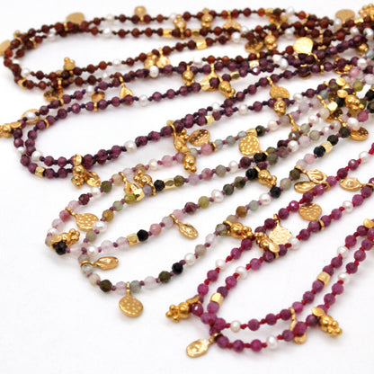 Brown Tourmaline and Pearl Gold Mini Coin Wrap Necklace - N2-2616D