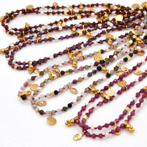 Brown Tourmaline and Pearl Gold Mini Coin Wrap Necklace - N2-2616D