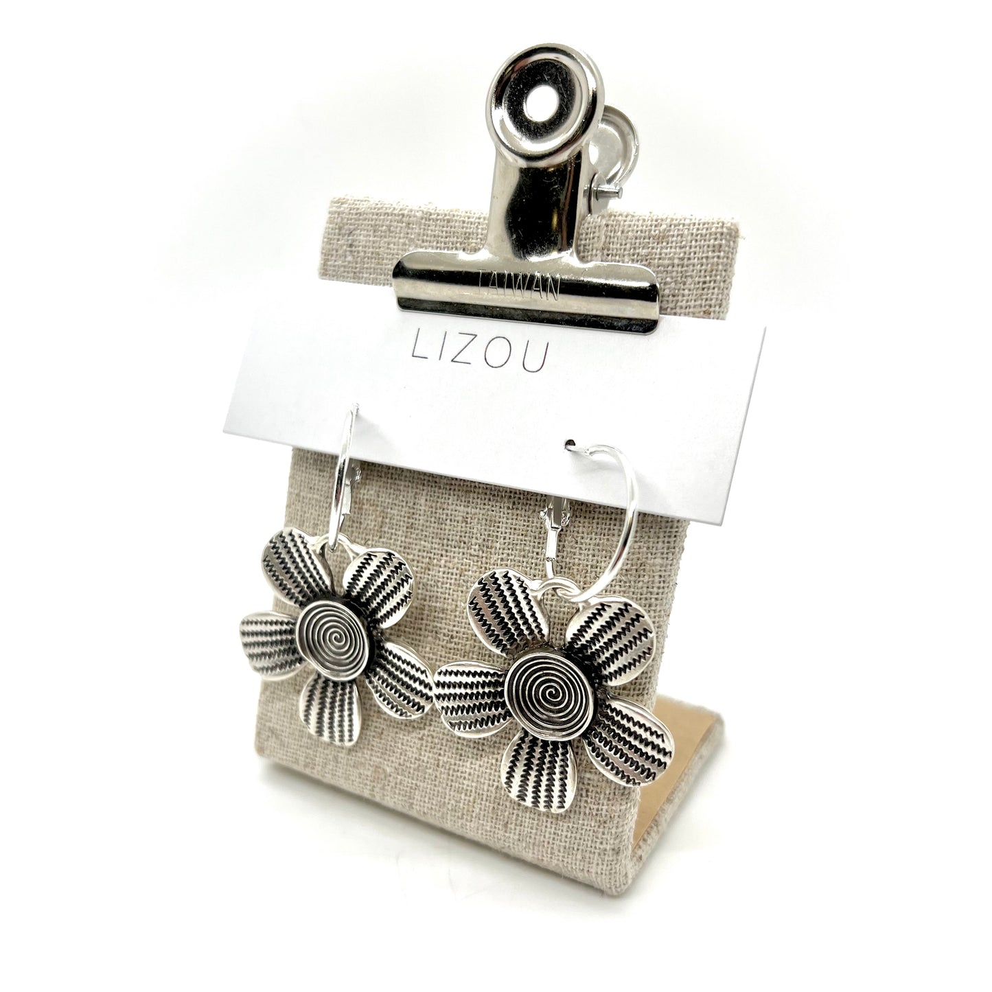 Textured Silver Artsy Daisy Flower Hoop Earrings - E9-085