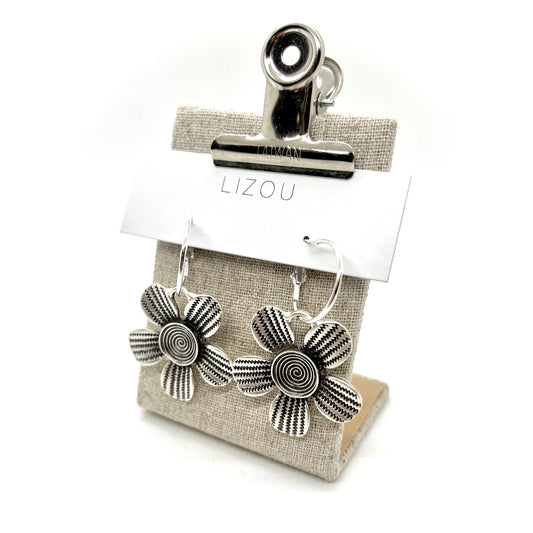 Textured Silver Artsy Daisy Flower Hoop Earrings - E9-085