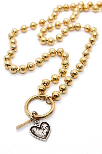 Convertible Short or Long Ball Chain Necklace with Small Silver Heart - N2-505GD