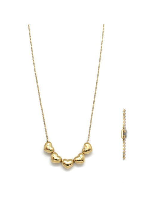 24K Gold Plate Five Puff Heart Gorgeous Long Necklace -French Flair Collection- N2-2276