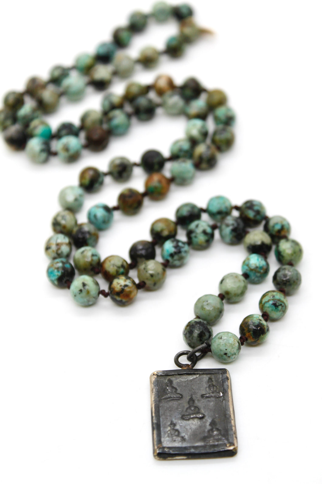 Thai Buddha Amulet on Stone Knotted Necklace