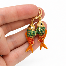 Load image into Gallery viewer, Large Colorful Gold Fish Dangle Earrings  - E4-479L

