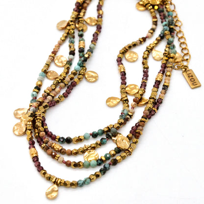 Multi Stone Mix and Mini Gold Coin Wrap Necklace - N2-2617D