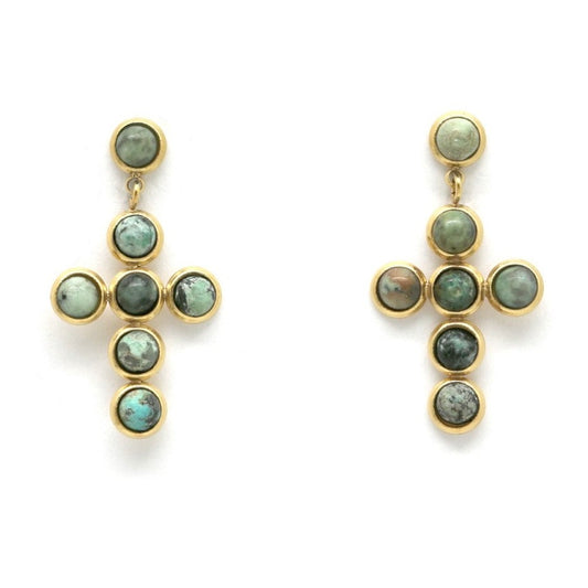 African Turquoise Stone and Gold Cross Earrings - E4-270
