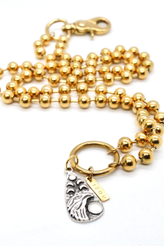 Raven Bird and Moon Phases Pendant Convertible Gold Chain Necklace