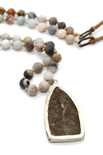 Load image into Gallery viewer, Long Amazonite and Leather Hand Knotted Necklace with Large Reversible Buddha Charm -The Buddha Collection- NL-AZL-BB
