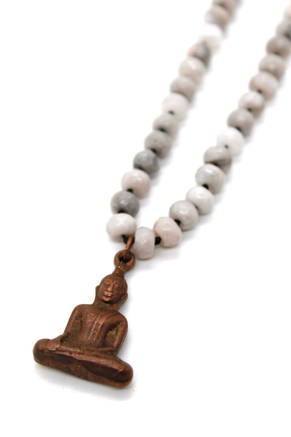 Copper Sitting Buddha on White Lace Agate Knotted Necklace