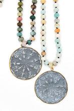 Load image into Gallery viewer, Patina Carved Dharma Wheel 18K Gold Charm Pendant Hand Knotted Stone Necklace

