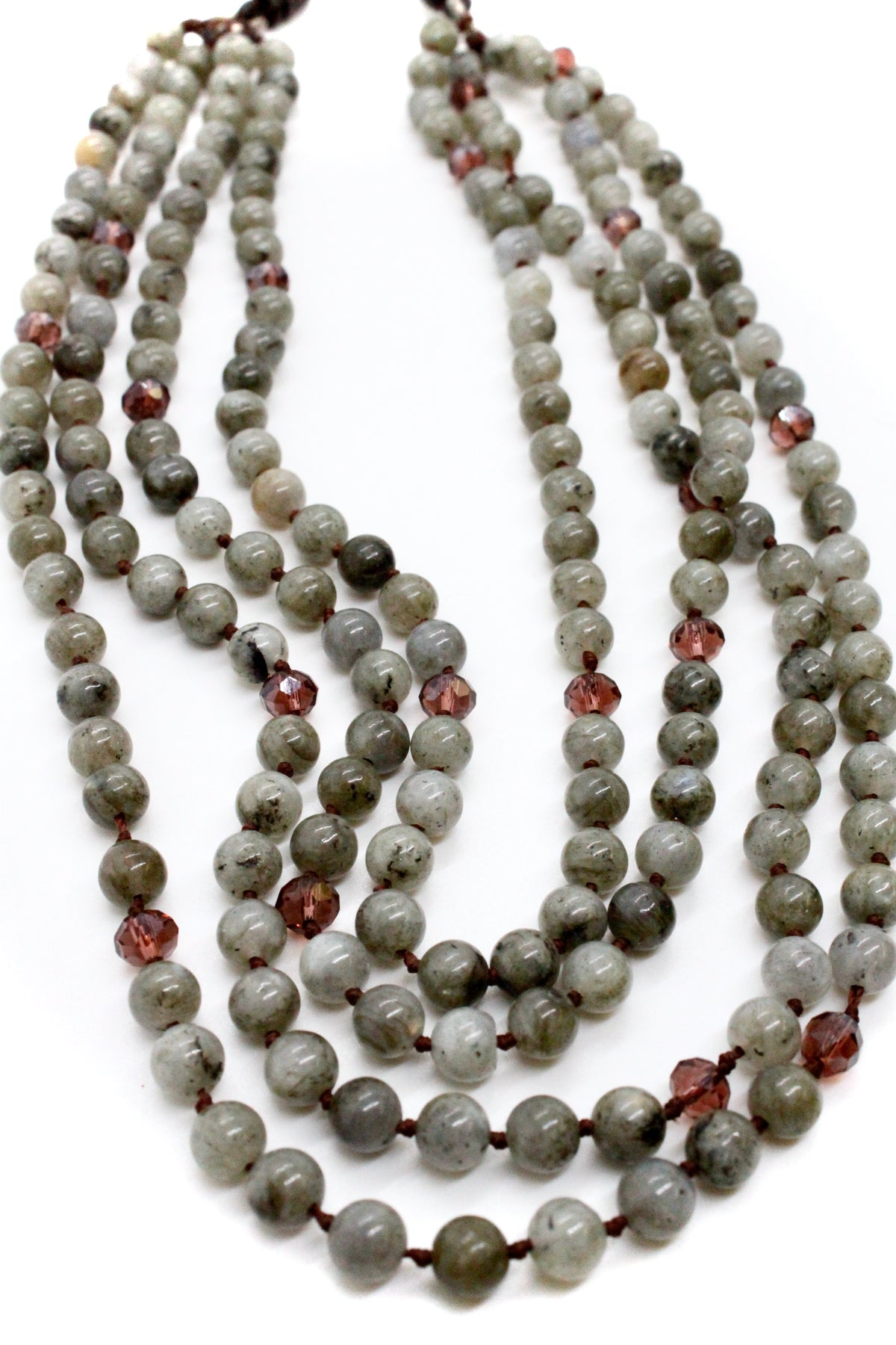 Labradorite and Crystal Mix Hand Knotted Long Necklace on Genuine Leather -Layers Collection- NLL-Smoke