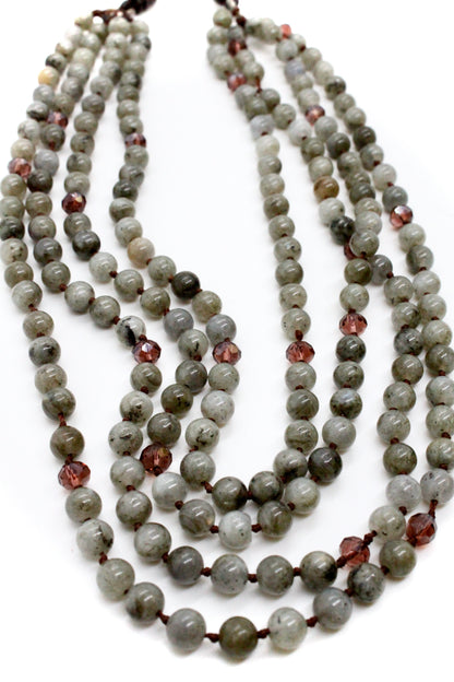 Labradorite and Crystal Mix Hand Knotted Long Necklace on Genuine Leather -Layers Collection- NLL-Smoke