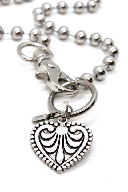 Fleur De Lis Heart Charm Necklace Single Silver Chain Claw Clasp