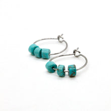 Load image into Gallery viewer, Mini Turquoise and Silver Hoop Earrings E7-009 -Stone Collection-
