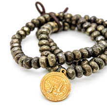 Load image into Gallery viewer, Stretch 3 Strand Pyrite Bracelet French Religious Medal- FMB20
