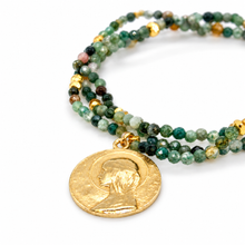 Load image into Gallery viewer, Stretch 3 Strand Mini Faceted Indian Agate Bracelet French Religious Medal- FMB19
