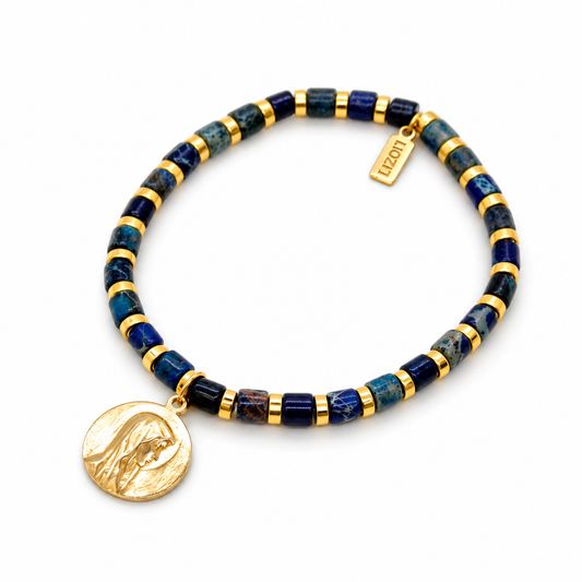 Simple Stone Stretch Bracelet with French Religious Medal - FMB01I