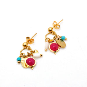 Mini Gold Turquoise Fuchsia Dangle Earrings - E4-268