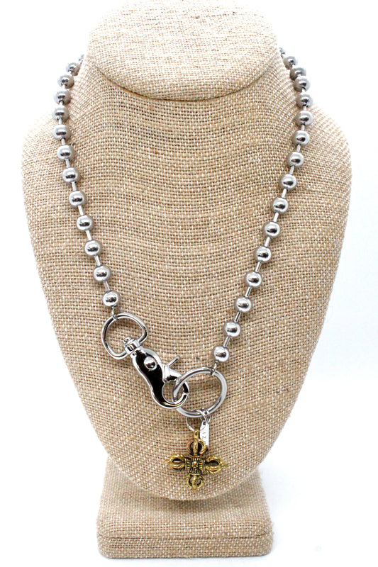 Brass Lucky Cross Necklace Single Silver Chain Claw Clasp