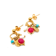 Load image into Gallery viewer, Mini Gold Turquoise Fuchsia Dangle Earrings - E4-268
