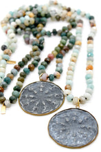 Load image into Gallery viewer, Patina Carved Dharma Wheel 18K Gold Charm Pendant Hand Knotted Stone Necklace
