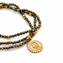 Load image into Gallery viewer, Stretch 3 Strand Faceted Pyrite Bracelet French Religious Medal- FMB22

