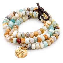 Load image into Gallery viewer, Faceted Amazonite 3 Strand Religious French Medal Bracelet - FMB02

