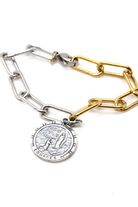 Two Tone Silver and Gold Bracelet with Sterling Saint Charm -French Medals Collection-