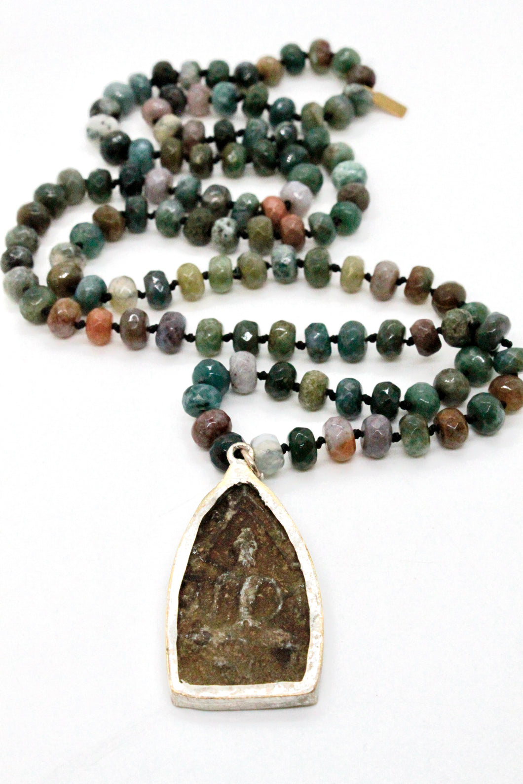 India Agate Stone Silver Large Buddha Necklace -Buddha Collection-
